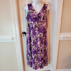 Erika Purple Tropical Floral Sleeveless Button Front Maxi Dress Size L